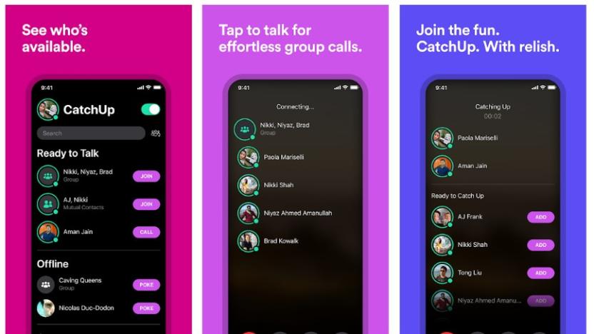 Screenshots of Facebook's audio-only group call app CatchUp.