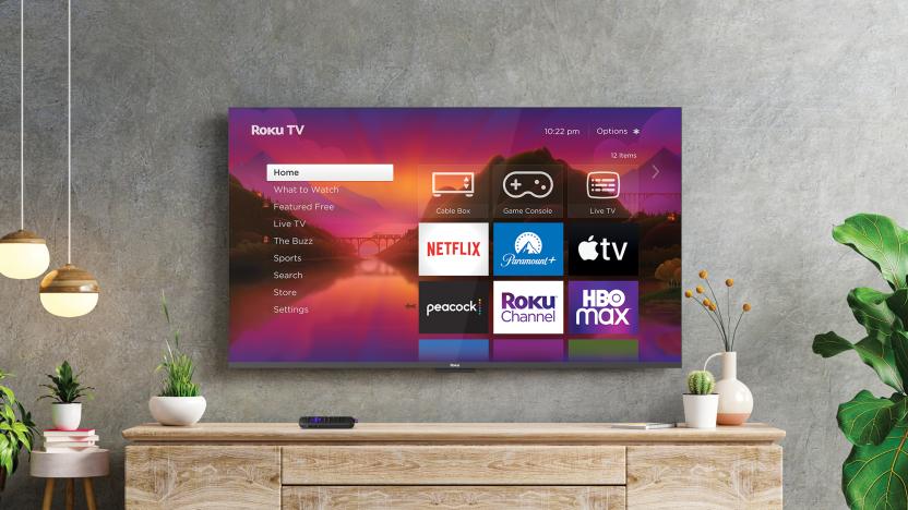 Roku TV mounted on a wall in a living room