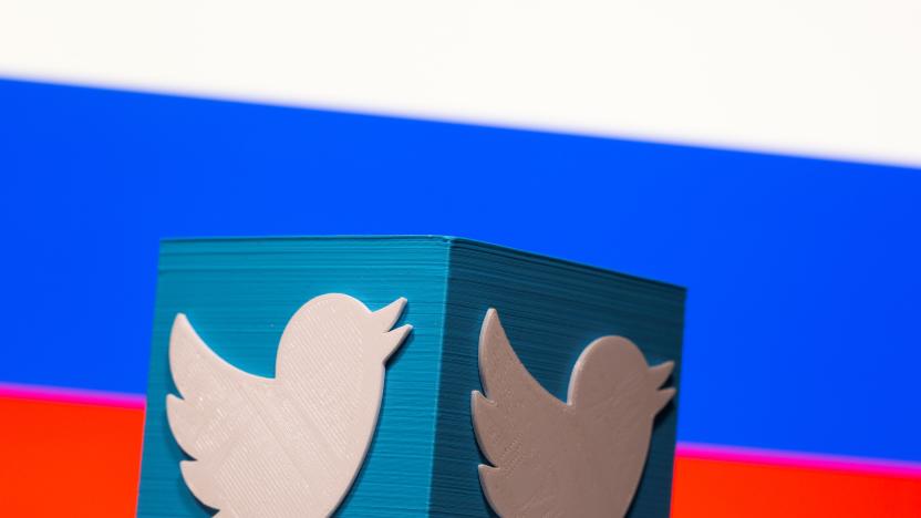 A 3D-printed Twitter logo is pictured in front of a displayed Russian flag in this illustration taken March 10, 2021. REUTERS/Dado Ruvic/Illustration