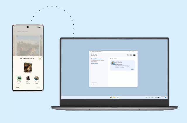 A computer render showing an Android phone sharing a file with a Windows laptop using Nearby Share.