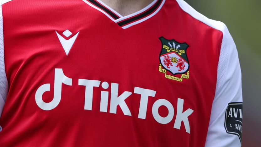 WREXHAM, WALES - MAY 08: 	TikTok, known in China as Douyin, the video-focused social networking service owned by Chinese company ByteDance Ltd with their sponsor logo on the shirt of Wrexham during the Vanarama National League fixture between Wrexham and Stockport County at Racecourse Ground on May 8, 2022 in Wrexham, Wales. (Photo by Matthew Ashton - AMA/Getty Images)