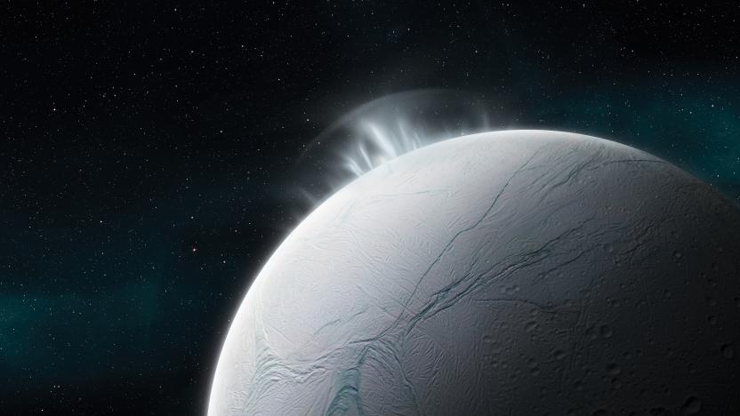 Illustration of vapour plumes erupting from the surface of Enceladus, Saturns sixth largest moon, created on July 26, 2018. (Illustration by Tobias Roetsch/Future Publishing via Getty Images)