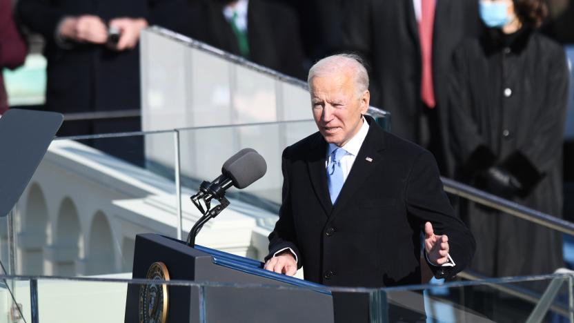 WASHINGTON, Jan. 20, 2021 -- U.S. President Joe Biden delivers his inaugural address after he was sworn in as the 46th President of the United States in Washington, D.C., the United States, on Jan. 20, 2021. At an unusual inauguration closed to public due to the still raging coronavirus pandemic, U.S. President-elect Joe Biden was sworn in as the 46th President of the United States on Wednesday at the West Front of the Capitol, which was breached two weeks ago by violent protesters trying to overturn his election victory. (Photo by Liu Jie/Xinhua via Getty) (Xinhua/Liu Jie via Getty Images)