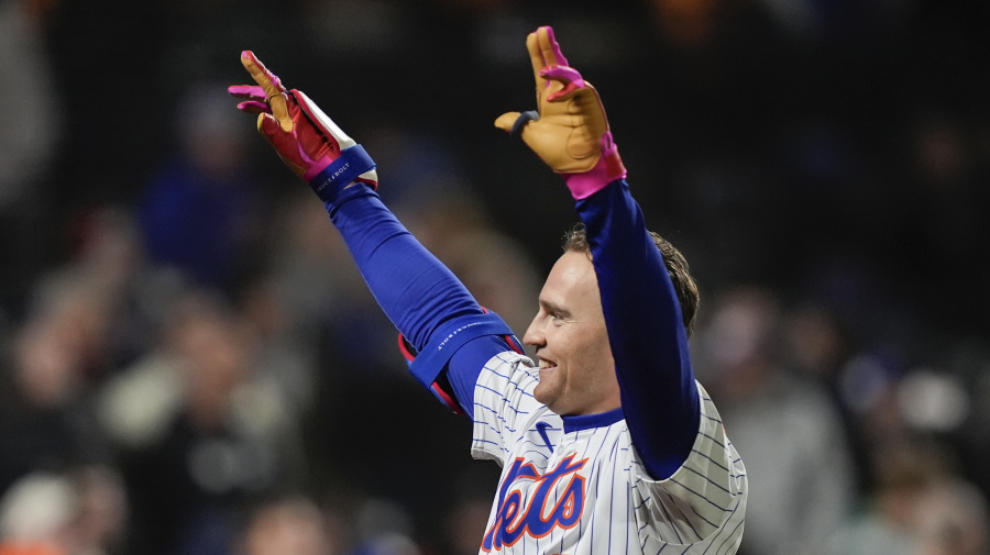 Associated Press - New York Mets' Brandon Nimmo (9) signals to fans after scoring a game-winning two-run home run during the ninth inning of a baseball game against the Atlanta Braves, Sunday, May 12, 2024, in New York. The Mets won 4-3. (AP Photo/Julia Nikhinson)
