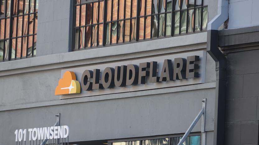 Close-up of logo on facade at headquarters of cyber security company Cloudflare in the South of Market (SoMA) neighborhood of San Francisco, California, June 10, 2019. (Photo by Smith Collection/Gado/Getty Images)