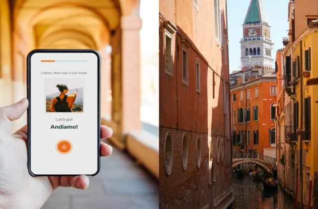 A man listens to an Italian native language tutor using the Babbel app on his iPhone.