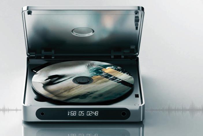 Product marketing image of the FiiO DM13 portable CD player. It sits open with a CD inside. Waveform background.