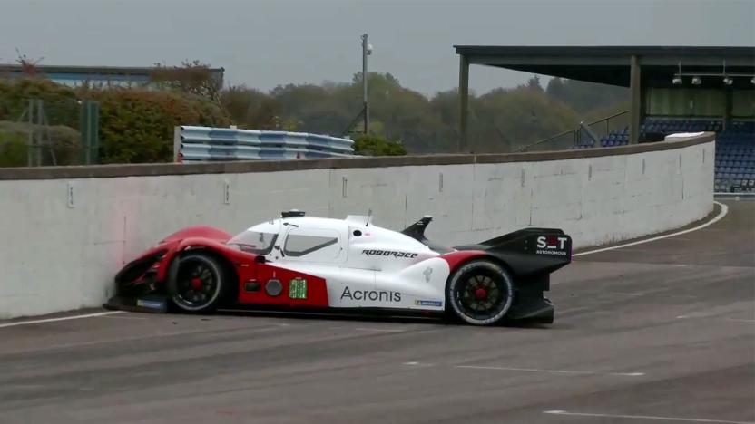 Team Acronis SIT's Roborace car drives into a wall