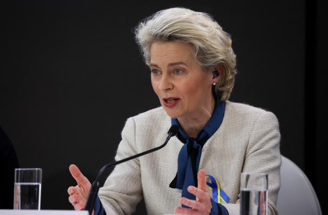 European Commission President Ursula von der Leyen speaks as she takes part in a global event titled 'Stand Up For Ukraine' at the Palace on the Isle in Royal Lazienki Park in Warsaw, Poland, April 9, 2022. REUTERS/Kacper Pempel