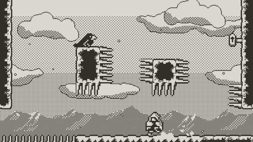 A still from the Playdate game Summit showing a mountain climber standing amid platforms covered with spikes and ice