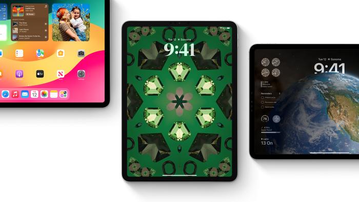 Montage of three iPads with various new features on their screens