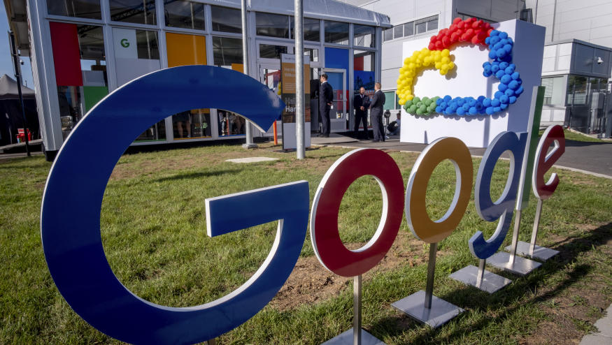 FILE - Google's first datacenter in Germany is pictured during its inauguration in Hanau near Frankfurt, Germany, Oct. 6, 2023. European Union regulators opened investigations into Apple, Google and Meta on Monday March 25, 2024 in the first cases under a sweeping new law designed to stop Big Tech companies from cornering digital markets that took effect earlier this month.(AP Photo/Michael Probst, File)