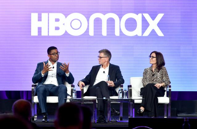 PASADENA, CALIFORNIA - JANUARY 15: (L-R) TNT, TBS, truTV, HBO & HBO Max Content Acquisition EVP Michael Quigley, HBO Max CCO and TNT, TBS, & truTV President Kevin Reilly and HBO Max Head of Original Content Sarah Aubrey appear onstage during the HBO Max executive session segment of the 2020 Winter Television Critics Association Press Tour at The Langham Huntington, Pasadena on January 15, 2020 in Pasadena, California. 697450 (Photo by Emma McIntyre/Getty Images for WarnerMedia)
