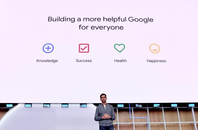 Google CEO Sundar Pichai speaks during the Google I/O 2019 keynote session at Shoreline Amphitheatre in Mountain View, California on May 7, 2019. (Photo by Josh Edelson / AFP) (Photo by JOSH EDELSON/AFP via Getty Images)