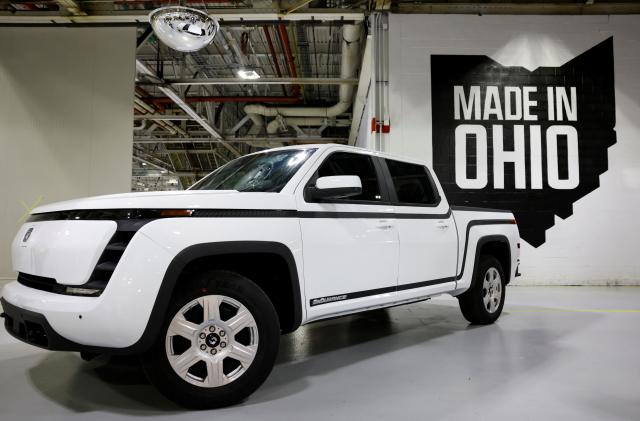 A Lordstown Motors Endurance electric pick-up truck is seen on display at Foxconn's electric vehicle production facility in Lordstown, Ohio, U.S. November 30, 2022. REUTERS/Quinn Glabicki