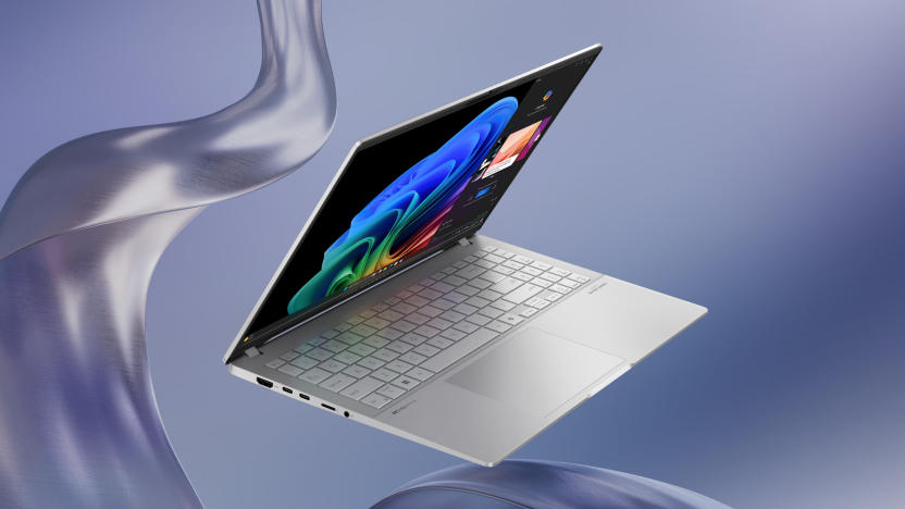 Marketing image of the Asus Vivobook S 15 laptop. It floats with its screen at slightly less than a 90-degree angle in front of a bluish-gray background with groovy ribbon artwork.