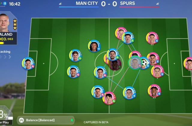 Screenshot from the upcoming mobile game "EA Sports FC Tactical." A soccer field subs for a game board with a round icon for each player on the field. Their movements are charted in a series of lines. A player card for "Haaland," including his face, appears on the upper left.