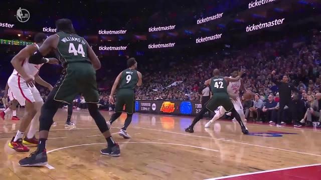 Joel Embiid with an and one vs the Boston Celtics
