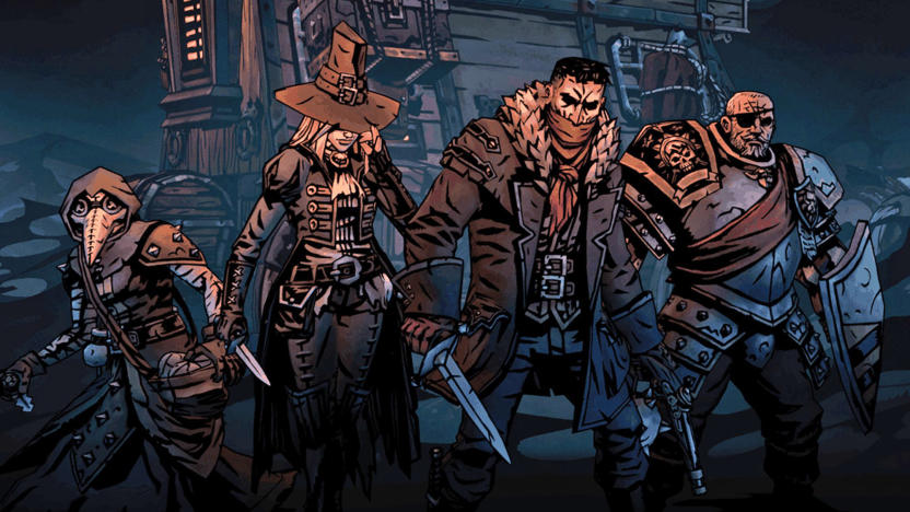 Darkest Dungeon II keyart featuring four of the game's playable classes, the Man-at-Arms, Highwayman, Grave Robber and Plague Doctor.