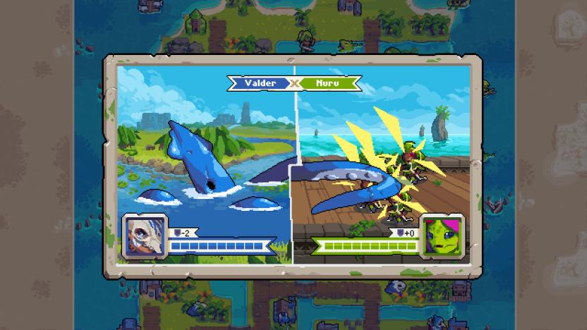 Wargroove 2 screenshot showing two units, a squid and some plant beings, fighting against one another.