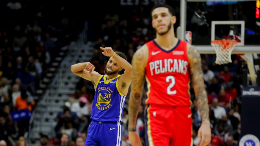 Oct 28, 2019; New Orleans, LA, USA; Golden State Warriors guard Stephen Curry (30) reacts after a score as New Orleans Pelicans guard Lonzo Ball (2) looks on during the second quarter at the Smoothie King Center. Mandatory Credit: Derick E. Hingle-USA TODAY Sports