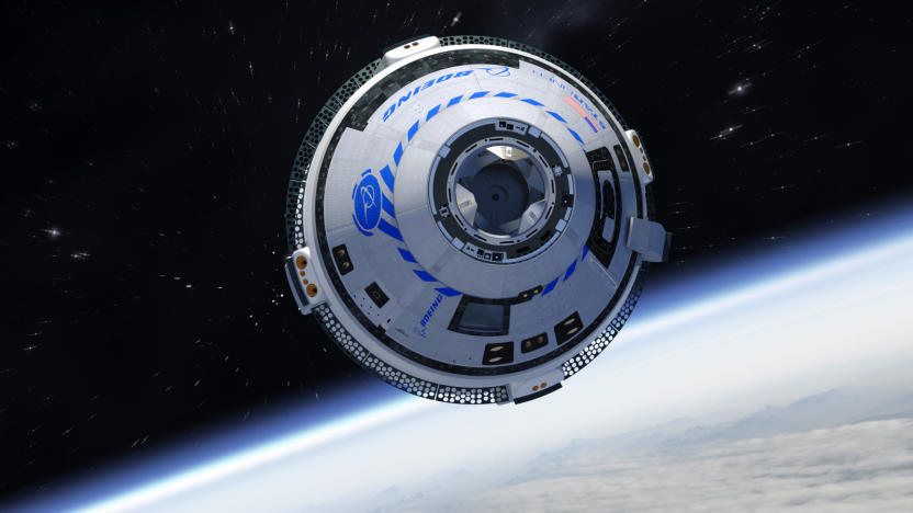 A computer render of the Boeing Starliner spacecraft. The spacecraft is white with the Boeing logo in blue. It's in the middle of its flight, set against the Earth's horizon and the blackness of space with a smattering of distant stars in the background. 