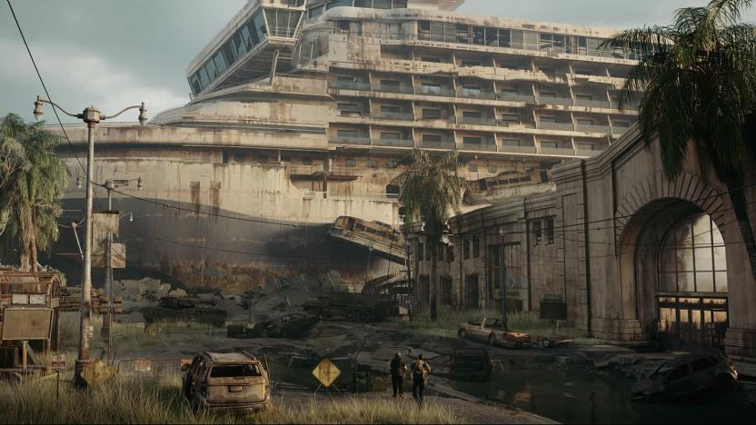Concept art for The Last of Us multiplayer game, featuring characters standing in front of a decaying cruise ship.