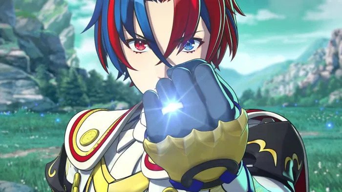 An animated character with red and blue hair.