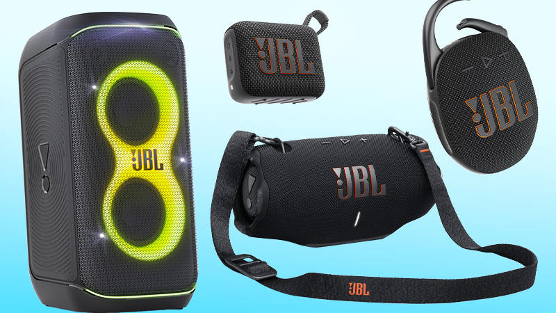 A collage of four JBL speakers: PartyBox 120, Xtreme 4, Go 4 and Clip 5.