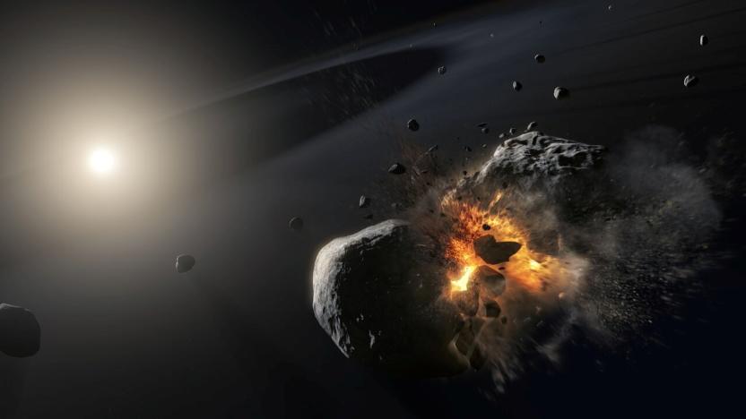 Artist's Impression of a collision of two icy asteroid-sized bodies orbiting the bright star Fomalhaut, about 25 light-years from Earth.  ESA/NASA/M. Kornmesser/Handout via REUTERS  THIS IMAGE HAS BEEN SUPPLIED BY A THIRD PARTY.