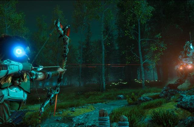 Aloy takes aim at a machine with her bow at night in Horizon Zero Dawn.