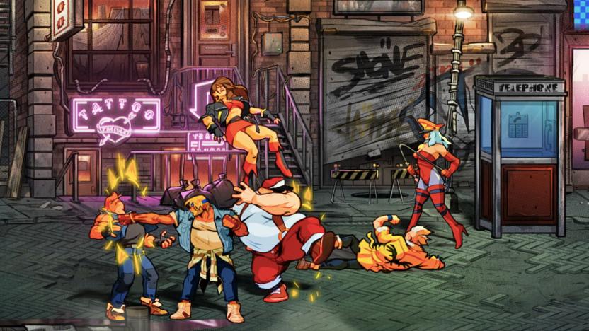 A still from the video game 'Streets of Rage' showing several characters brawling on a city street.