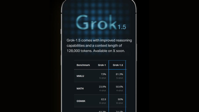 A render of a phone with a screen that shows Grok's logo and stats.