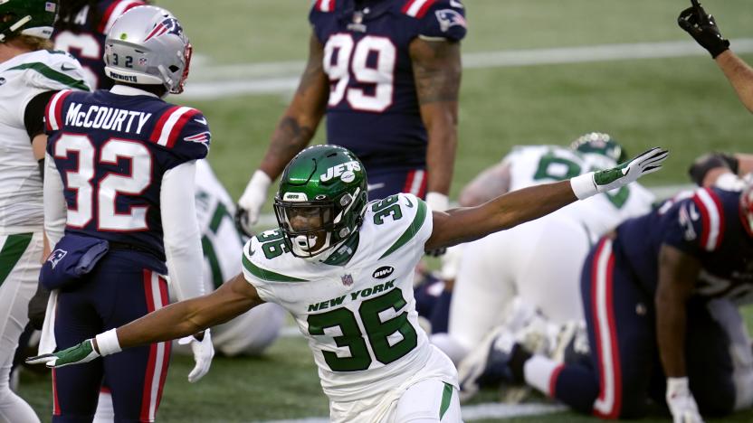 New York Jets running back Josh Adams (36) celebrates his rushing touchdown in the second half of an NFL football game against the New England Patriots, Sunday, Jan. 3, 2021, in Foxborough, Mass. (AP Photo/Charles Krupa)