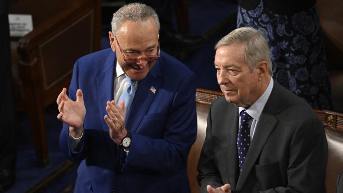 US Senate Majority Leader Chuck Schumer (D-NY) and US Senator Dick Durbin (D-IL) (R) speak prior to an address by Israeli President Isaac Herzog, during a Joint Meeting of Congress in the House Chamber of the US Capitol in Washington, DC, on July 19, 2023. (Photo by ANDREW CABALLERO-REYNOLDS / AFP) (Photo by ANDREW CABALLERO-REYNOLDS/AFP via Getty Images)