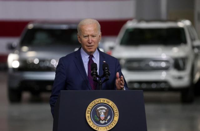 U.S. President Joe Biden delivers remarks after touring Ford Rouge Electric Vehicle Center in Dearborn, Michigan, U.S., May 18, 2021.  REUTERS/Leah Millis