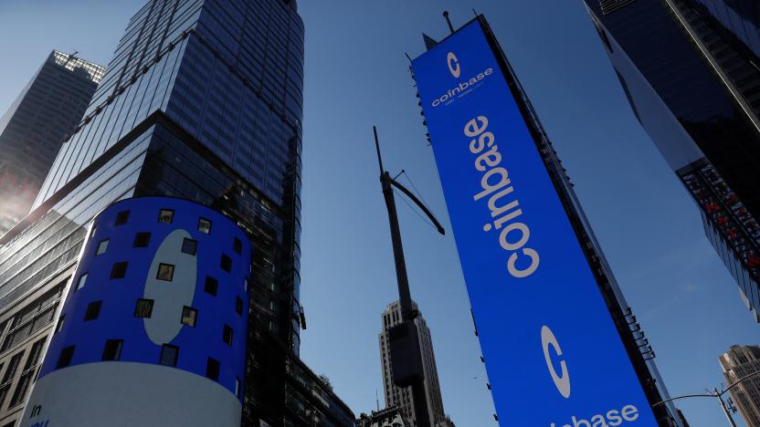 The logo for Coinbase Global Inc, the biggest U.S. cryptocurrency exchange, is displayed on the Nasdaq MarketSite jumbotron and others at Times Square in New York, U.S., April 14, 2021. REUTERS/Shannon Stapleton