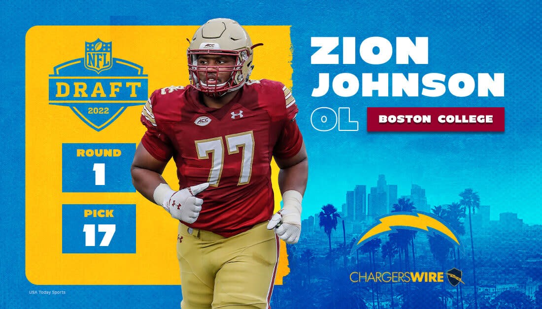 Boston College offensive guard Zion Johnson holds a team jersey