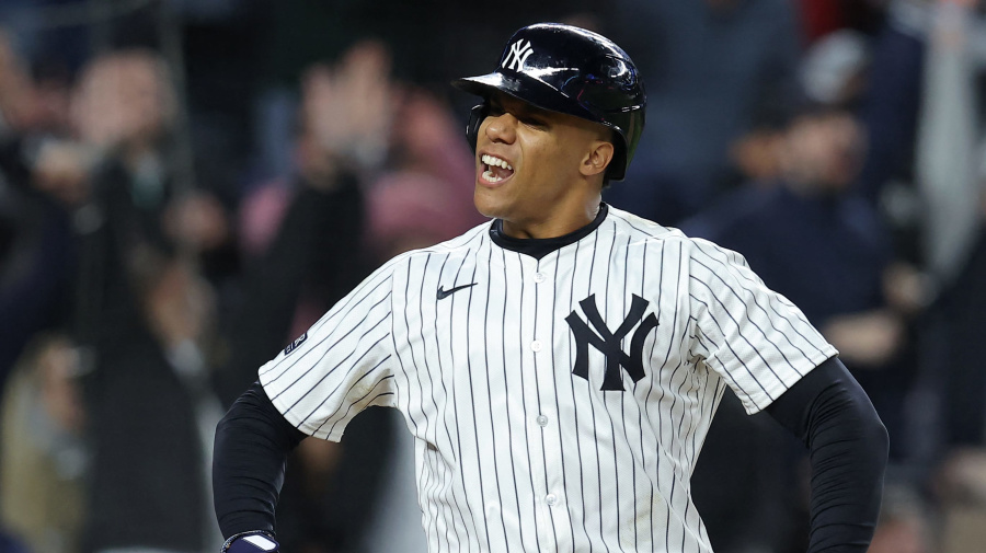 Reuters - Apr 19, 2024; Bronx, New York, USA; New York Yankees right fielder Juan Soto (22) reacts after hitting a three run home run against the Tampa Bay Rays during the seventh inning at Yankee Stadium. Mandatory Credit: Brad Penner-USA TODAY Sports