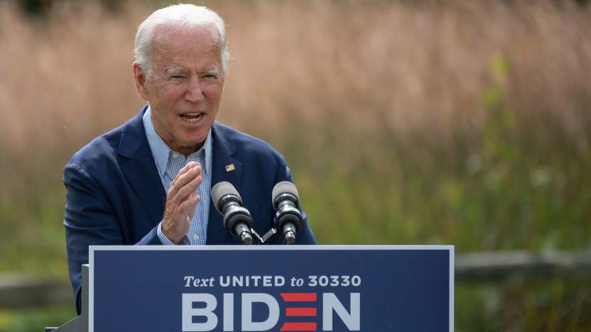 Democratic presidential candidate Joe Biden speaks outside the Delaware Museum of Natural History in Wilmington, Delaware, on September 14, 2020. - Biden remarked on the ongoing wildfires and the urgent need to address the climate crisis. (Photo by JIM WATSON / AFP) (Photo by JIM WATSON/AFP via Getty Images)