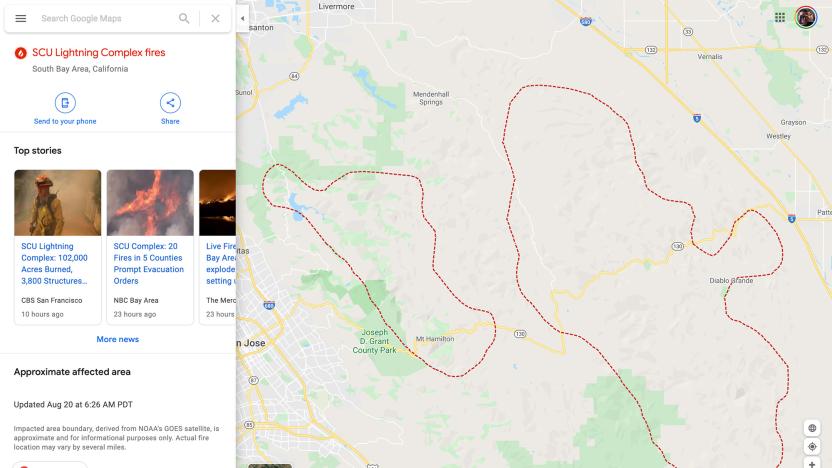 Google Maps wildfire info