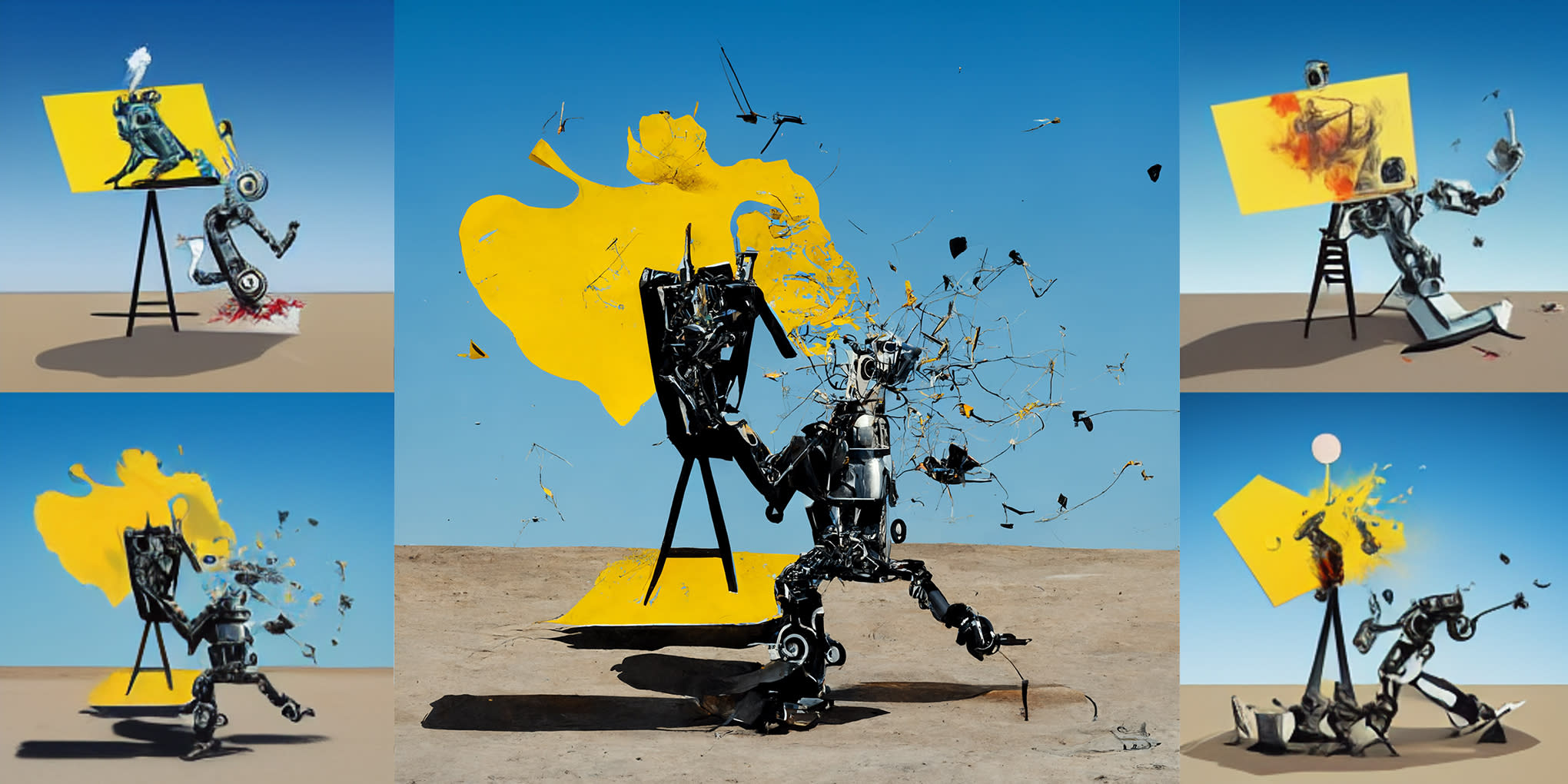 Image of a robot destroying a canvas, and itself. Samples generated by the Midjourney GAI.