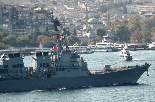 U.S. Navy Arleigh-Burke class destroyer USS Roosevelt (DDG 80) sets sail in the Bosphorus, returning from the Black Sea, in Istanbul, Turkey October 2, 2020. REUTERS/Murad Sezer