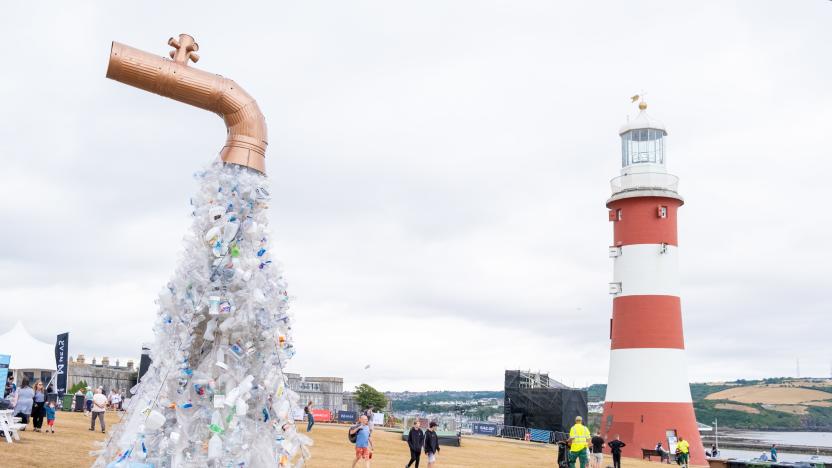 Giant Plastic Tap by artist and activist Benjamin Von Wong which is a giant tap sculpture spewing out single-use plastic waste to raise awareness of the root cause of the plastic problem: Plastic production, during the Great Britain Sail Grand Prix in Plymouth. Picture date: Saturday July 30, 2022. (Photo by Matt Keeble/PA Images via Getty Images)