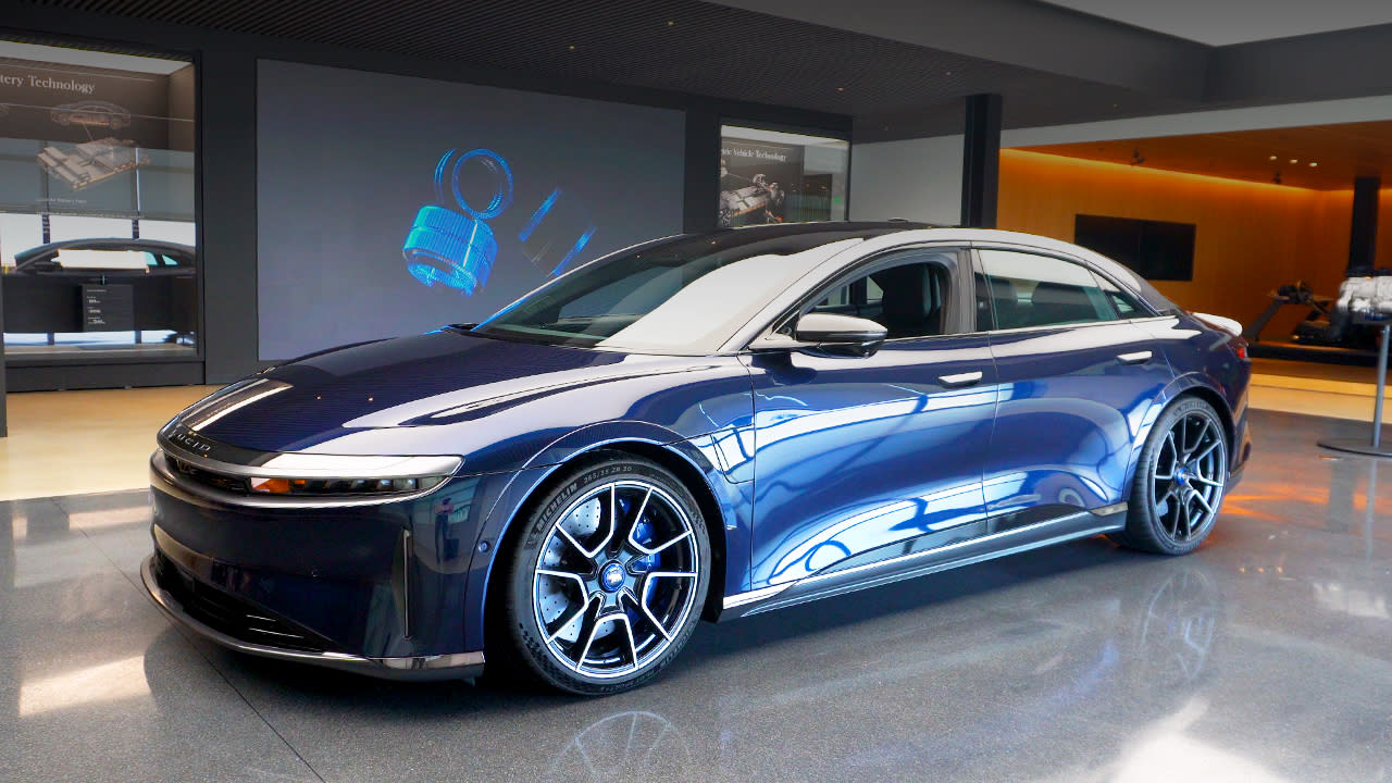 The Lucid Sapphire EV seen in a showroom.