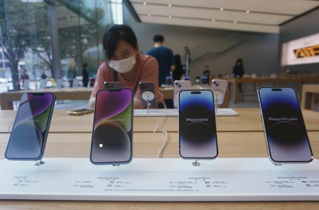 Photo taken on Aug. 14, 2023 shows iPhones at an Apple store in Hangzhou, East China's Zhejiang province. On the same day, data released by TechInsights showed that Apple's iPhone sales in China surpassed the United States for the first time in the second quarter of 2023, becoming the largest single market for iPhone shipments. (Photo by Costfoto/NurPhoto via Getty Images)