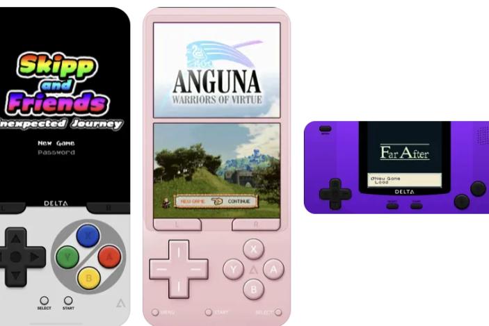 Screenshots of the Delta emulator, showing games running on emulated Nintendo devices.