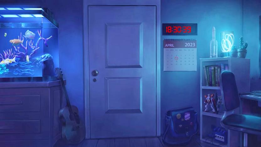 Screenshot of the mysterious blue Lofi Girl room from YouTube showing the interior with a closed door, a fish tank and a digital countdown clock on the wall.