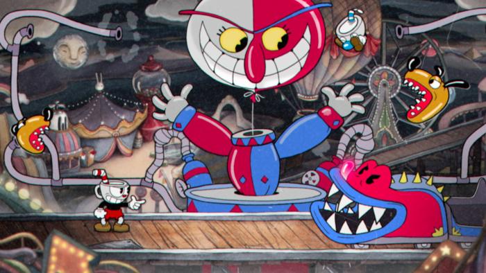 Gameplay still from Cuphead. The title character stands on the lower left (facing the right) with finger pointed like a gun. Crazy 1930s-style animated monsters and strange contraptions surround him.