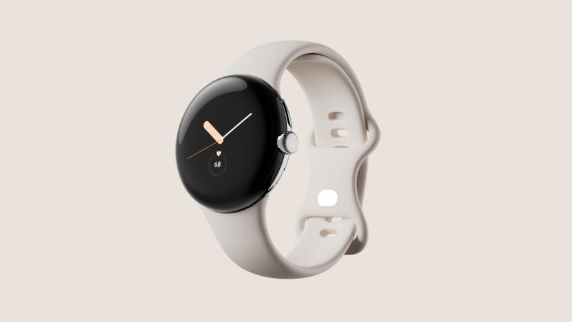 A render of the Google Pixel Watch. It has a round face and a neutral, off-white strap and a silver crown. 